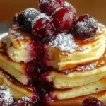 Cranberry orange ricotta pancakes topped with berries and syrup
