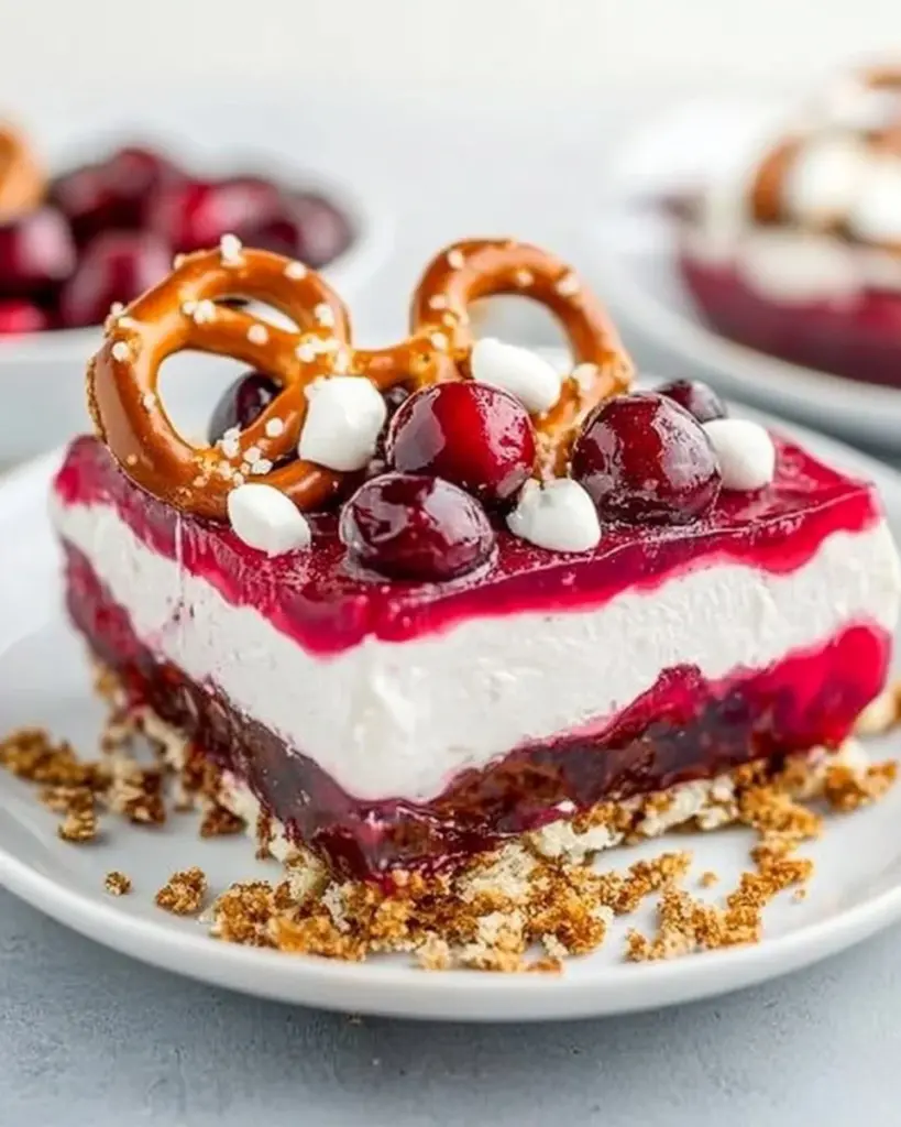 Colorful Cranberry Pretzel Salad with layers of pretzels, cream cheese, and cranberry topping.