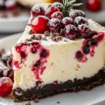 Slice of Cranberry White Chocolate Cheesecake with cranberry topping