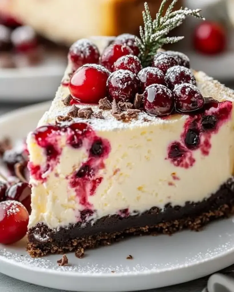 Slice of Cranberry White Chocolate Cheesecake with cranberry topping