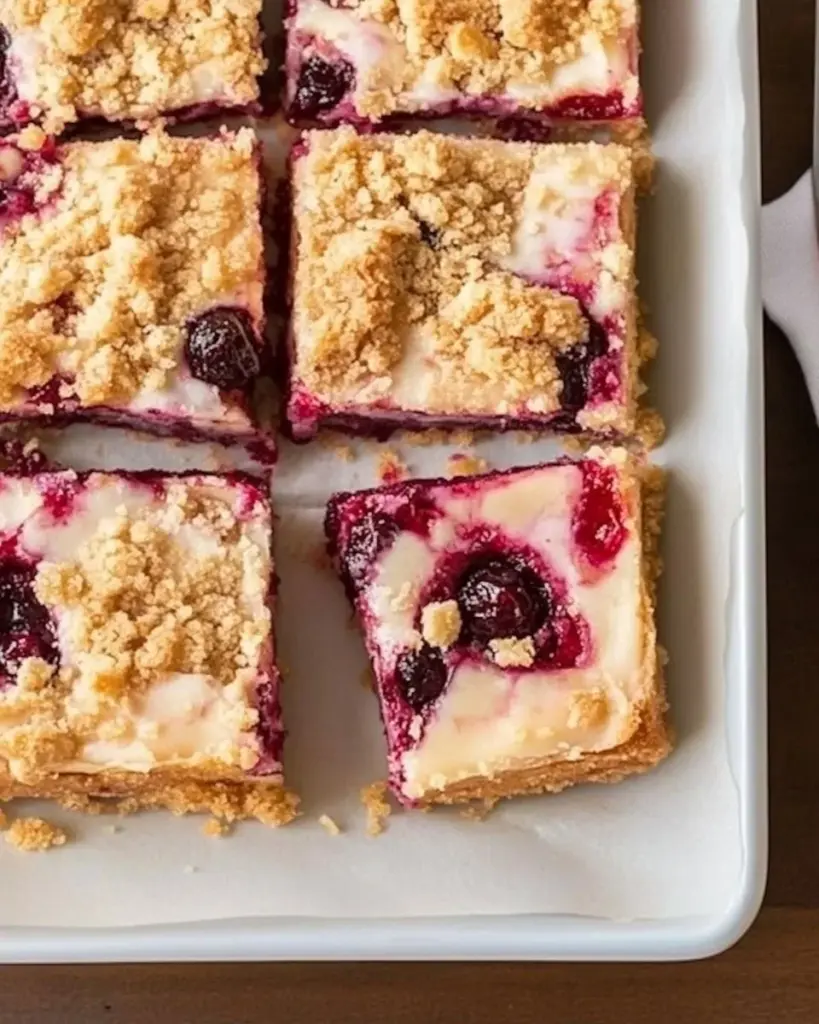 Delicious creamy cranberry orange crumb bars with crumbly topping