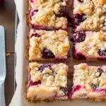 Creamy cranberry orange crumb bars with a crumbly topping and vibrant filling