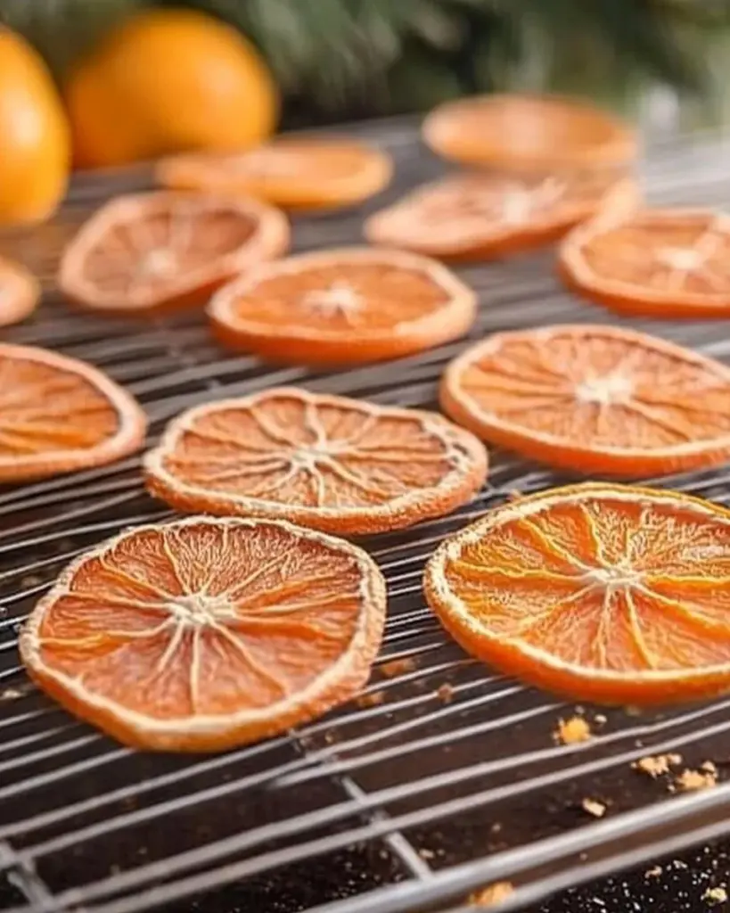 A close-up of colorful dried orange slices on a wooden surface.