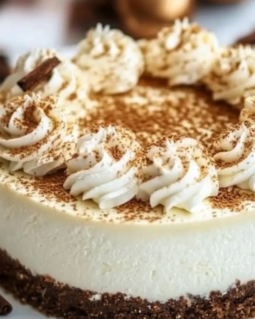 Delicious slice of Eggnog Cheesecake garnished with cinnamon and nutmeg.