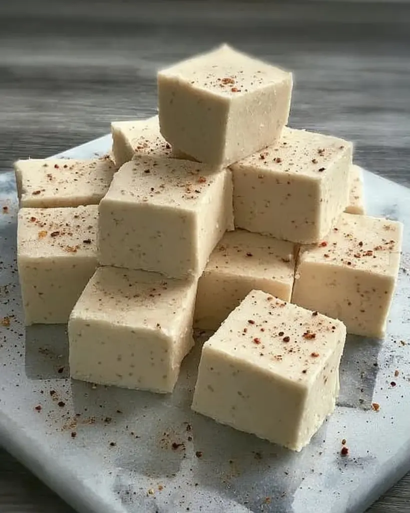 Delicious homemade Eggnog Fudge served on a festive plate
