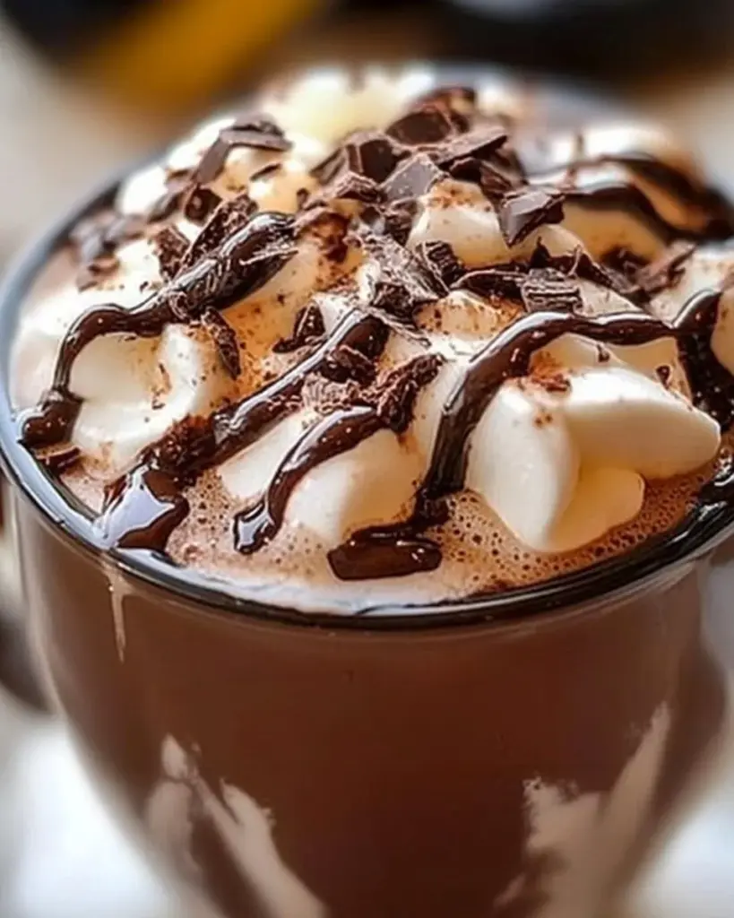 Delicious cup of French hot chocolate with whipped cream and chocolate shavings