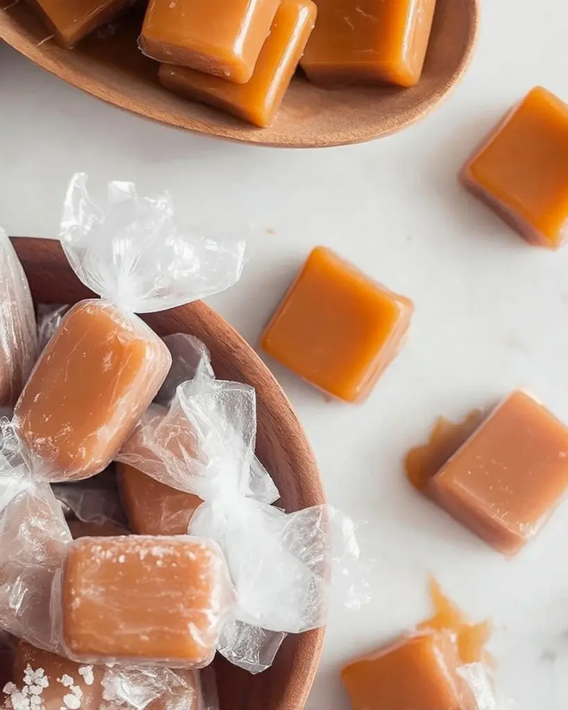 Delicious homemade soft and chewy caramels in a clear wrapper