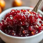 Delicious 4-ingredient cranberry relish served in a rustic dish