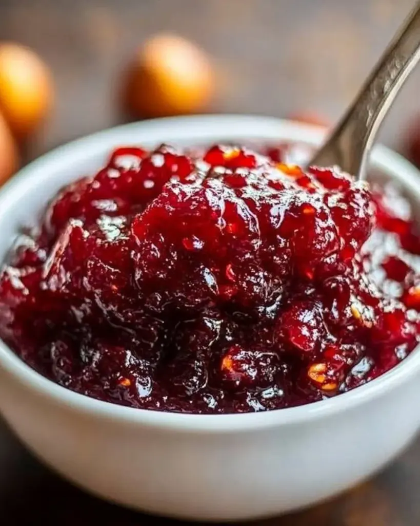 Delicious 4-ingredient cranberry relish served in a rustic dish
