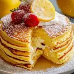Fluffy Lemon Ricotta Pancakes drizzled with syrup and garnished with lemon slices