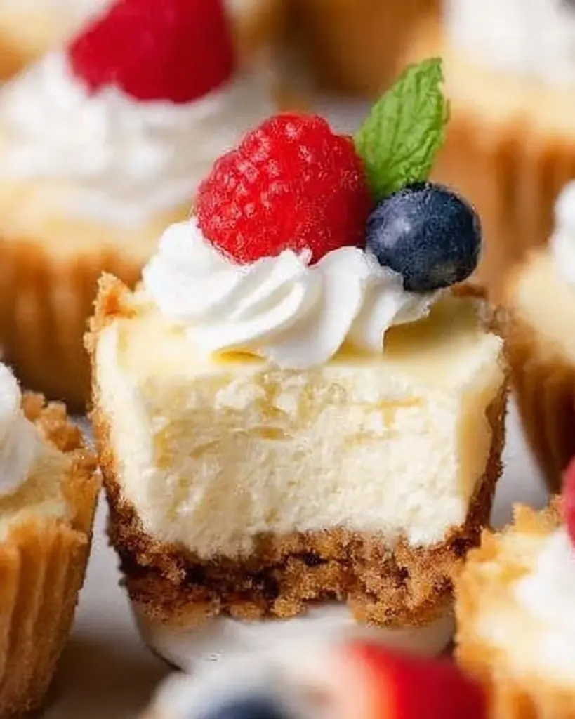 Delicious mini cheesecakes topped with fresh fruit and chocolate drizzle