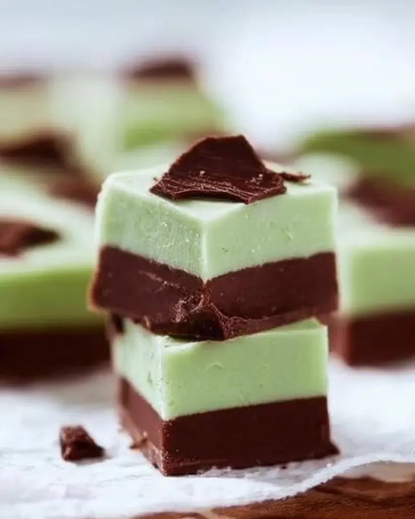 Delicious homemade mint chocolate fudge on a plate garnished with mint leaves.