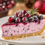 Delicious No Bake Cranberry Pie served on a white plate with fresh cranberries