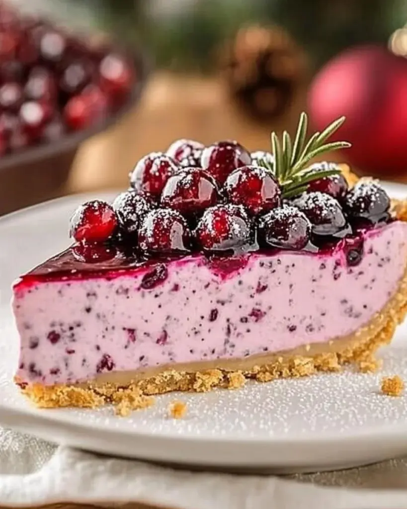 Delicious No Bake Cranberry Pie served on a white plate with fresh cranberries