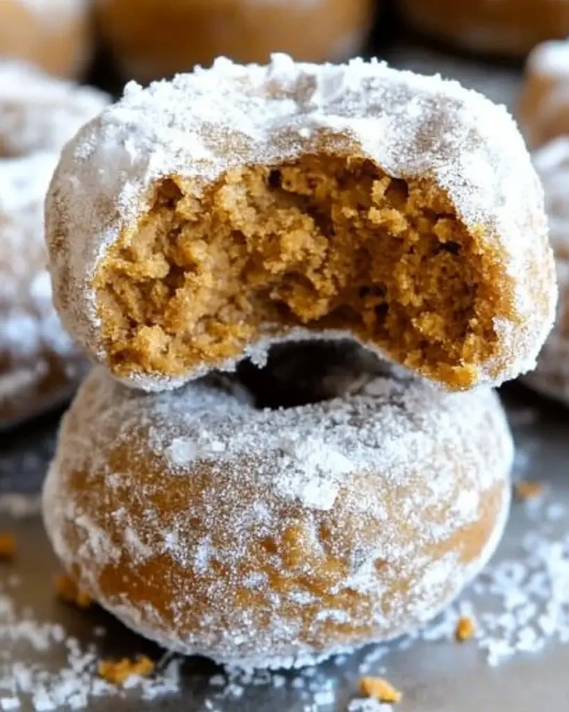 No bake vegan pumpkin spice protein donuts stacked on a plate