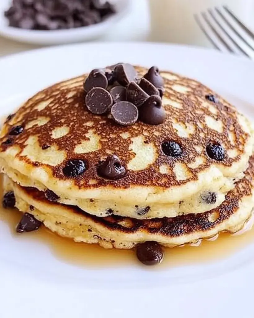 Delicious orange ricotta chocolate chip pancakes stacked on a plate