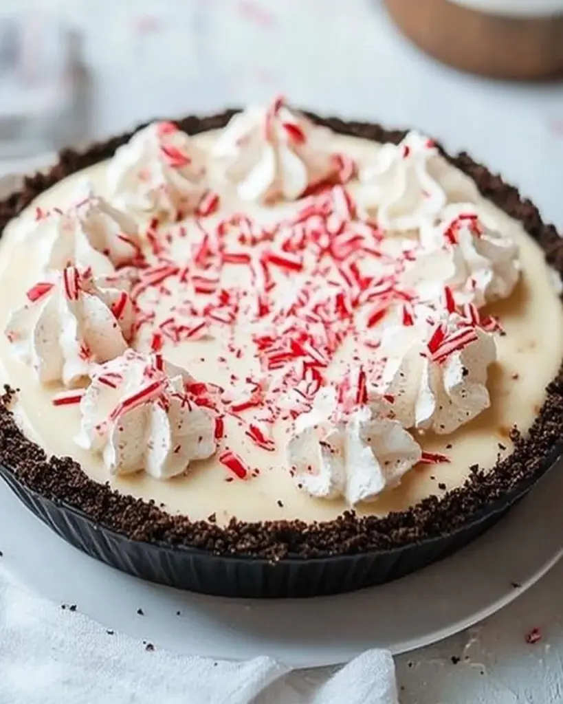 Sliced Peppermint Mocha Pie topped with whipped cream and peppermint sprinkles