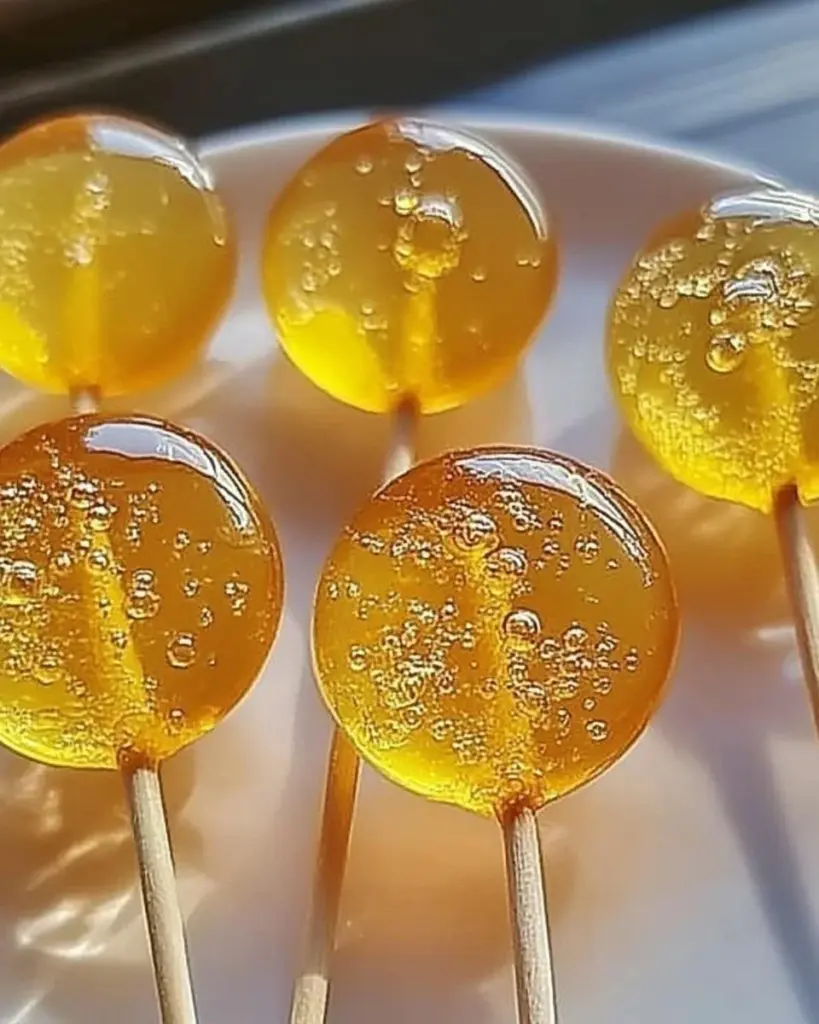 Three homemade honey lemon lollipops on a colorful background