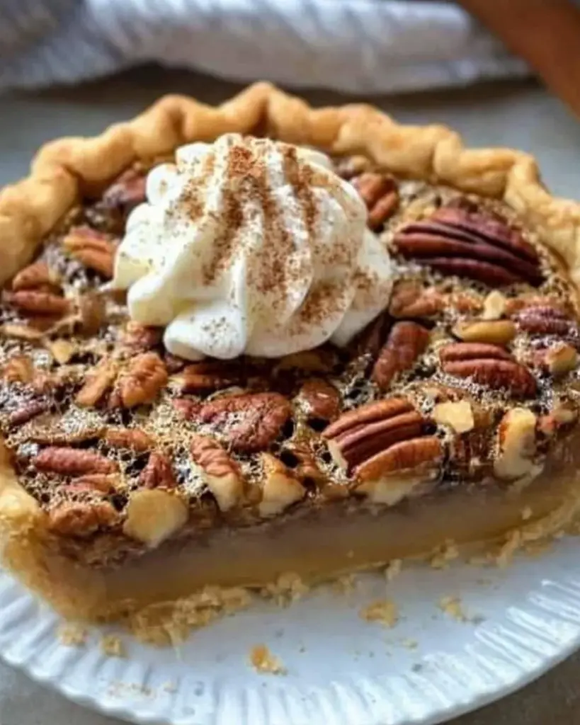 Delicious Southern pecan pie topped with pecans and a golden crust