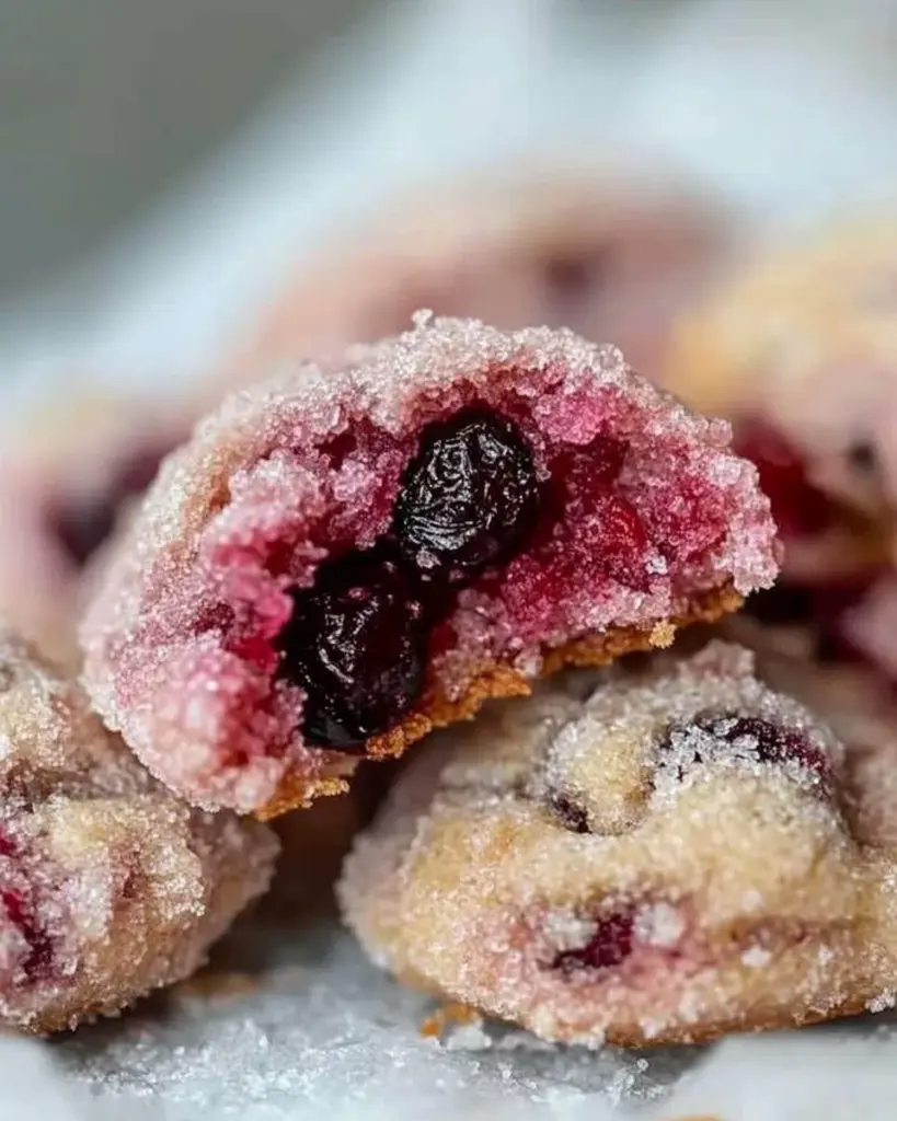 Sparkling Sugarplum Cranberry Cookies with glittering sugar on top.