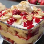 Delicious strawberry banana pudding dessert in a glass with fresh strawberries and bananas.