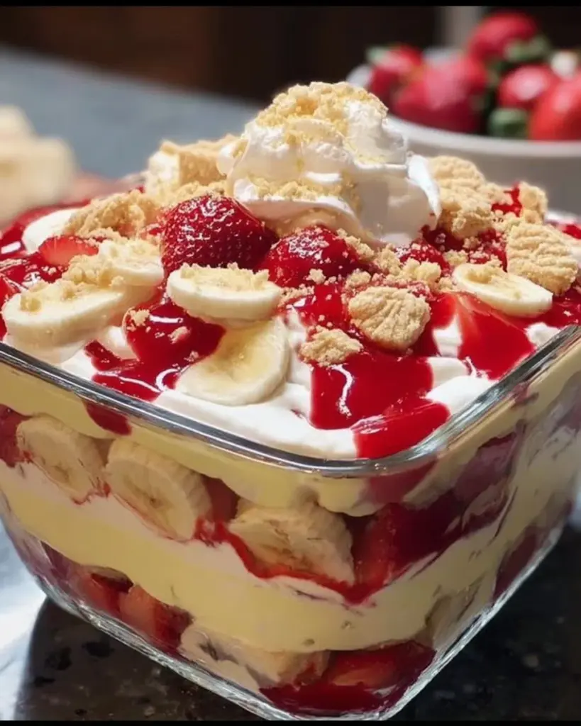 Delicious strawberry banana pudding dessert in a glass with fresh strawberries and bananas.