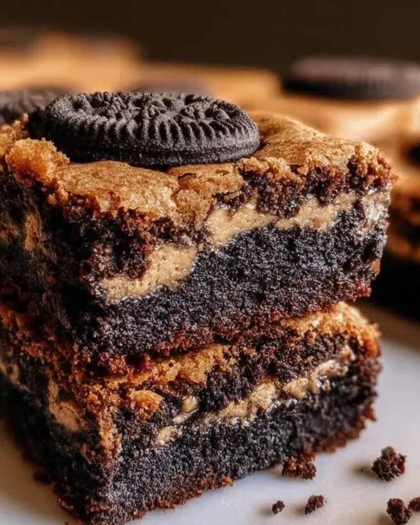 Delicious triple layer Oreo cookie brownies with rich chocolate and creamy frosting
