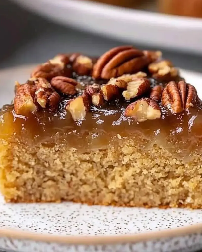 Vegan pecan upside-down cake with caramelized pecans on top