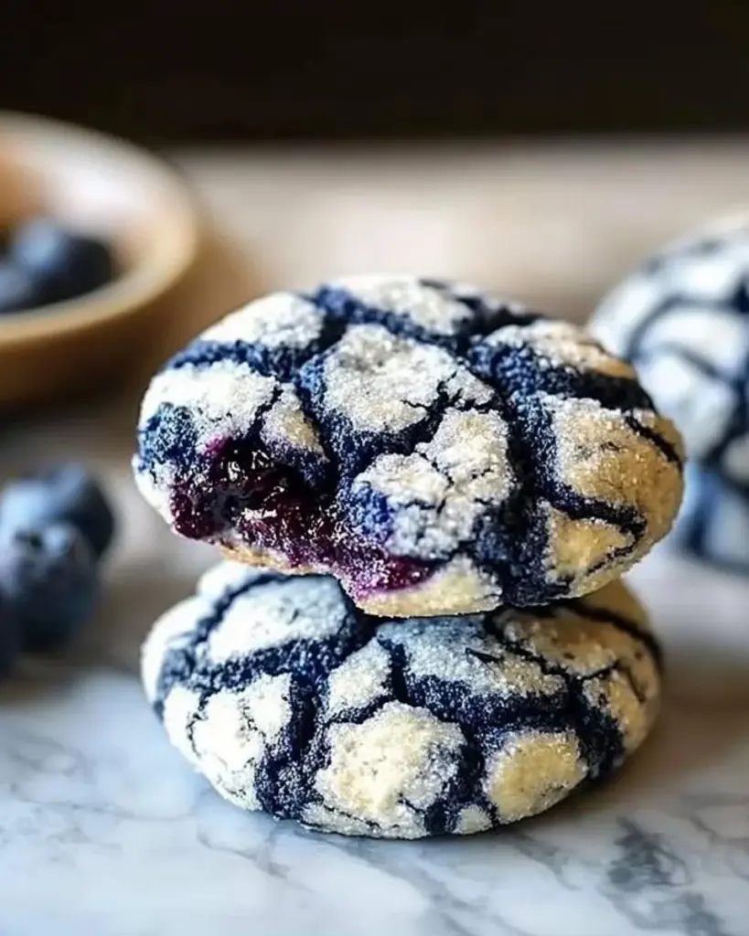 Freshly baked blueberry crinkle cookies on a plate