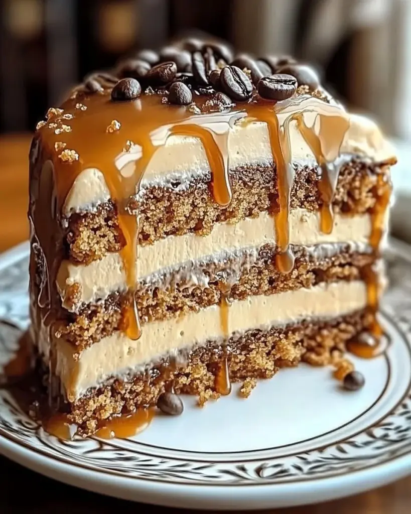 Delicious gooey coffee caramel cake served on a plate with a drizzle of caramel sauce