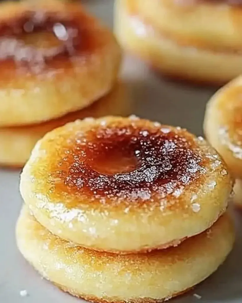 Decadent crème brûlée cookies on a white plate, drizzled with caramel.