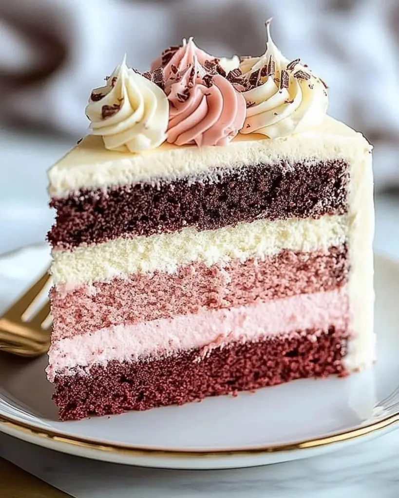 Slice of Neapolitan Cake showcasing layers of chocolate, vanilla, and strawberry flavors.