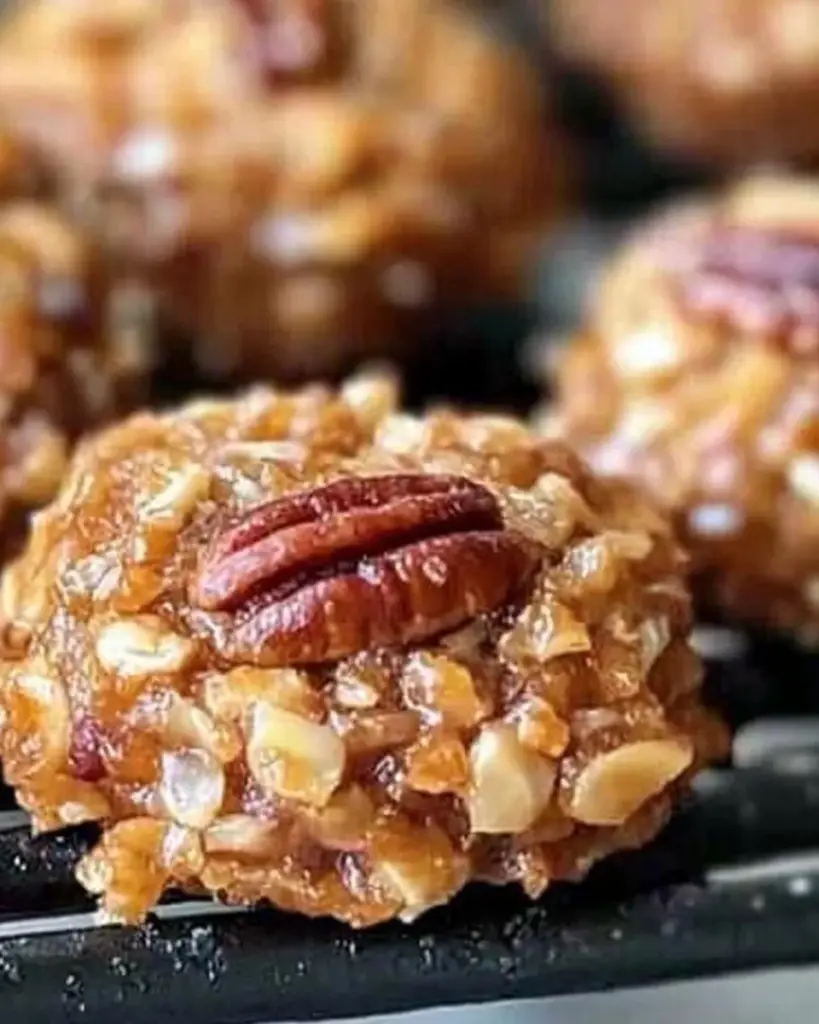 Delicious no-bake pecan coconut praline cookies arranged on a plate.