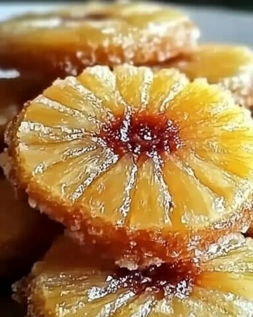 Delicious pineapple upside down cookies on a plate, showcasing their vibrant colors.