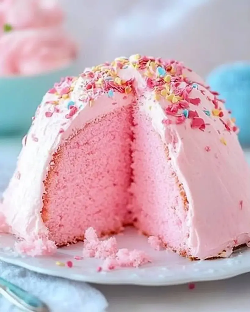 Soft pink angel food cake topped with fresh berries and whipped cream