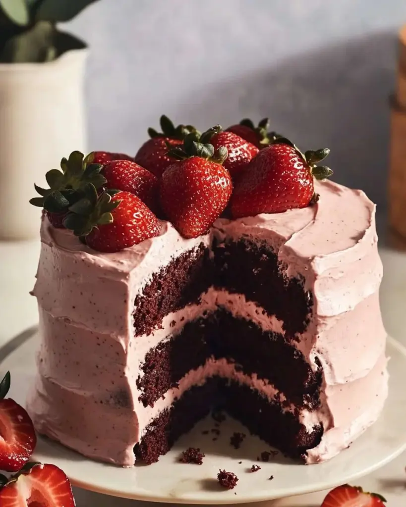 Delicious strawberry chocolate cake with fresh strawberries and rich chocolate frosting