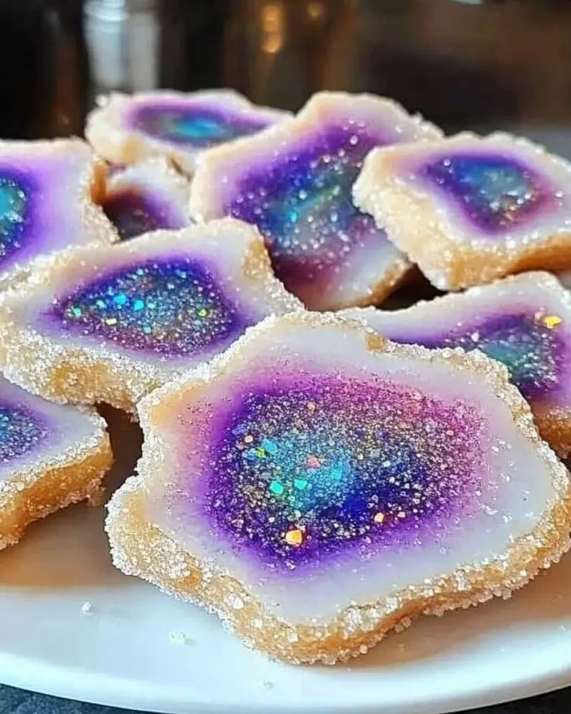 Beautifully decorated geode cookies with vibrant candy crystals