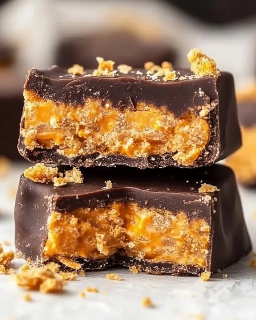 A plate of healthy homemade Butterfingers with chocolate coating and peanut butter filling.