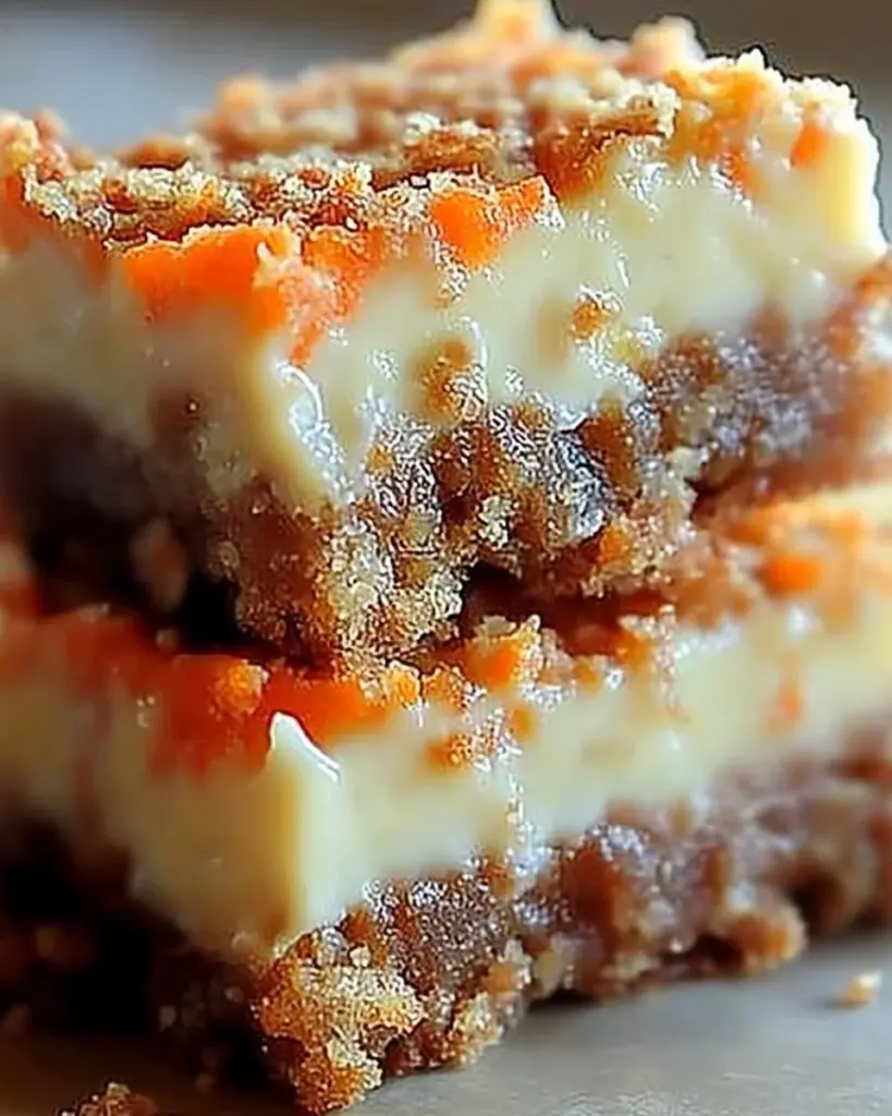 Irresistible carrot cake cream cheese bars sliced on a plate