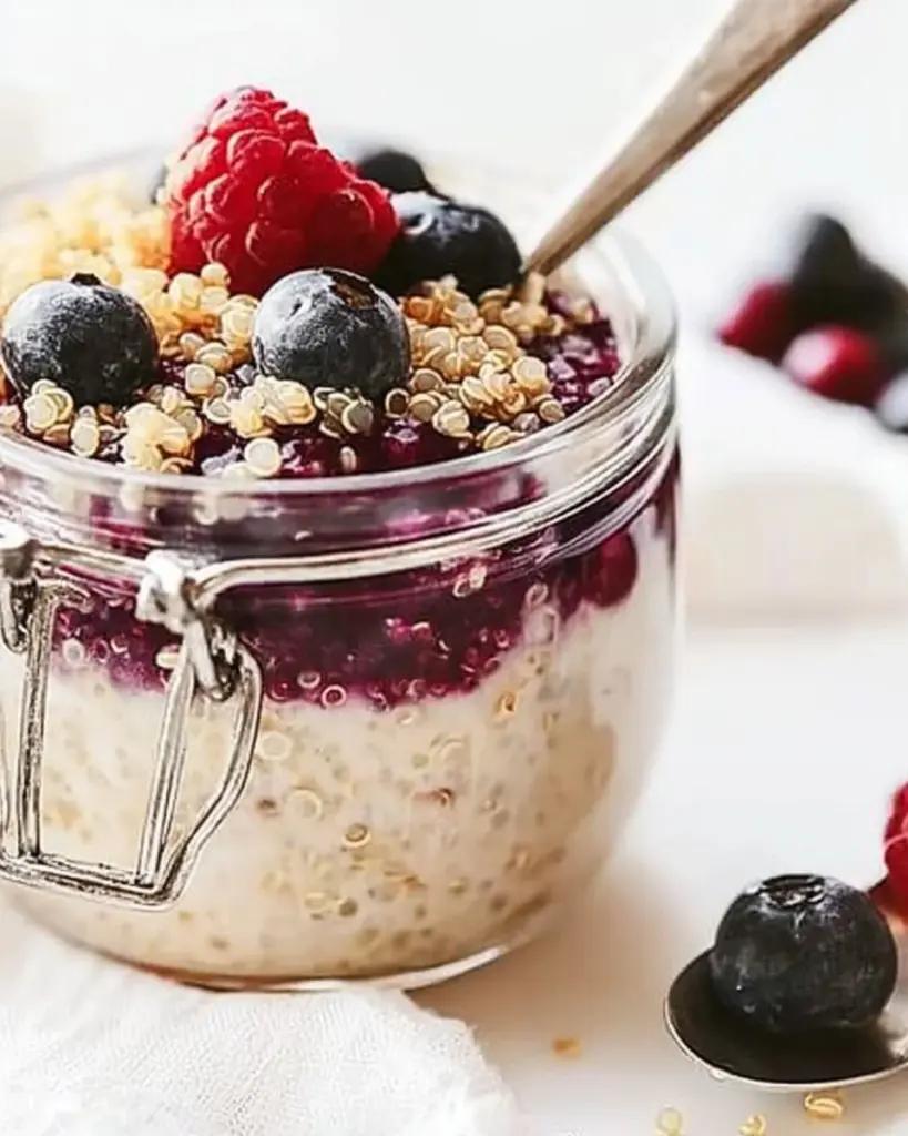 Delicious overnight quinoa pudding topped with fruits and nuts for a healthy breakfast