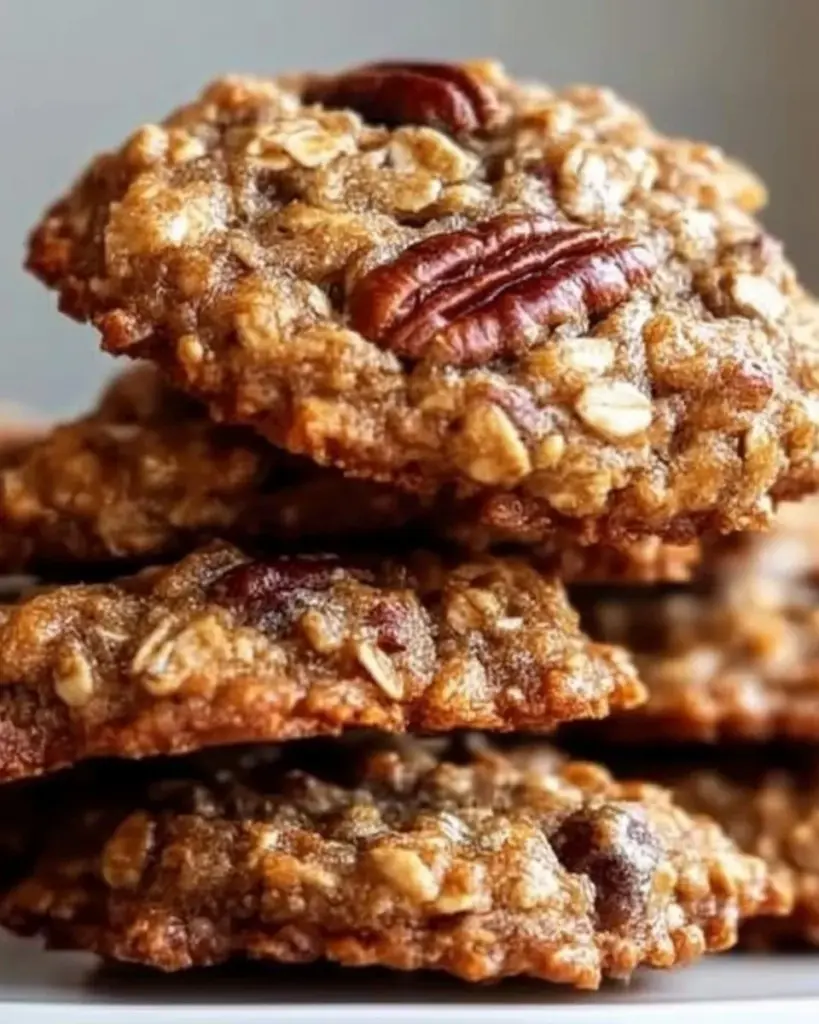 Delicious Pecan Pie Oatmeal Cookies with a chocolate drizzle on a plate.
