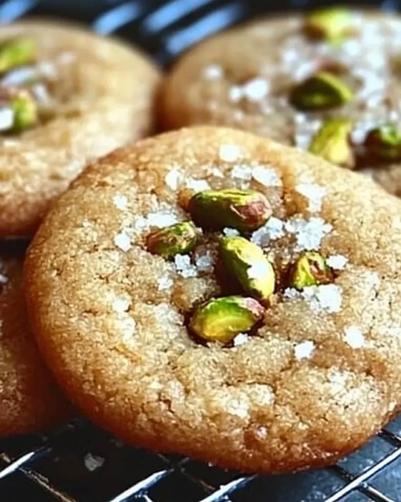 Freshly baked salted honey pistachio cookies on a cooling rack