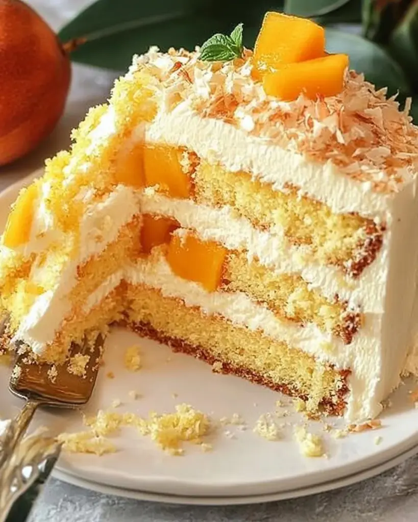 Delicious vegan mango coconut cake topped with fresh mango slices and coconut flakes