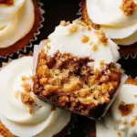 Delicious carrot cake cupcakes topped with cream cheese frosting and decorations