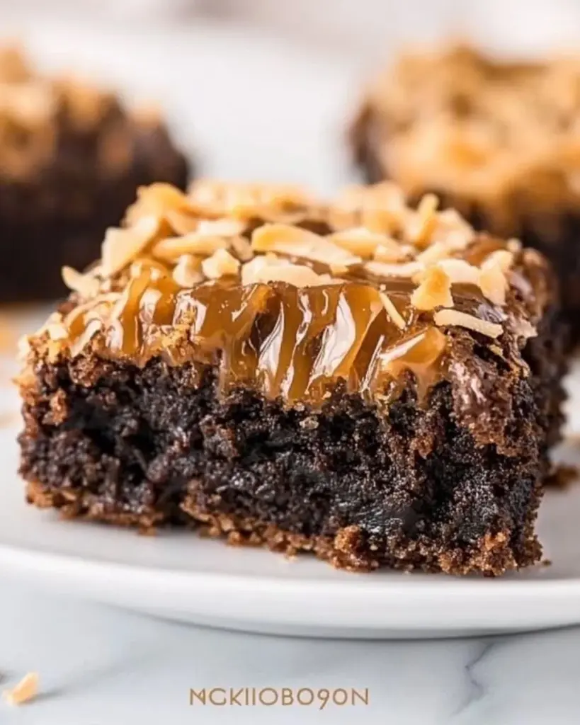Delicious Caramel Coconut Brownies with rich chocolate and coconut topping