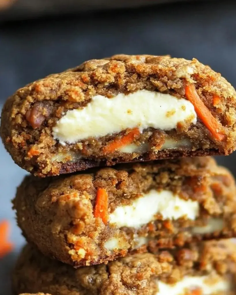 Delicious carrot cake cookies stuffed with cream cheese filling.