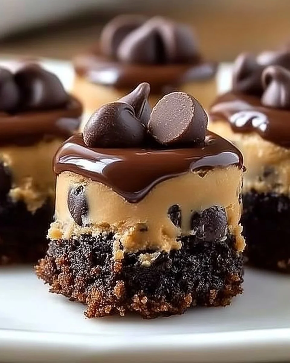 Delicious chocolate chip cookie dough brownie bites stacked in layers