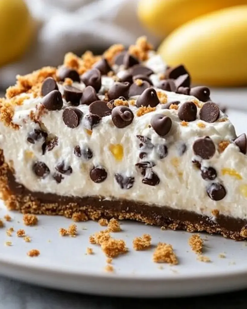 Decadent chocolate chip cannoli pie with zesty filling and whipped cream topping