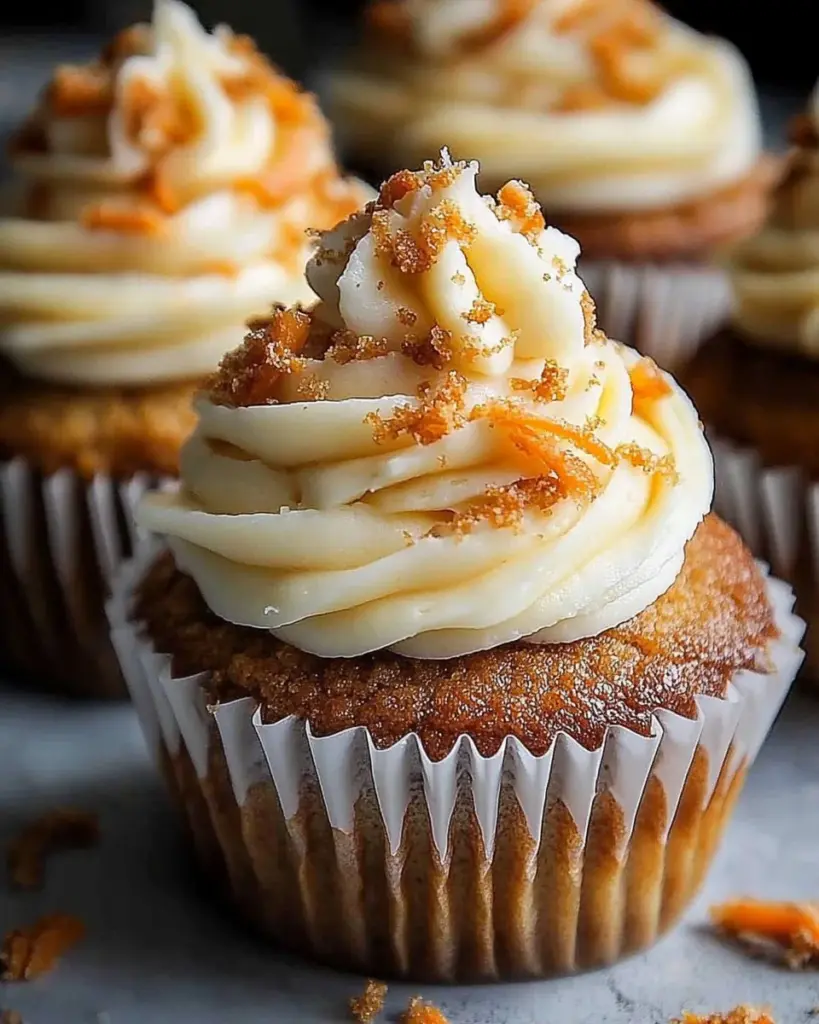 Easy carrot cake cupcakes topped with cream cheese frosting