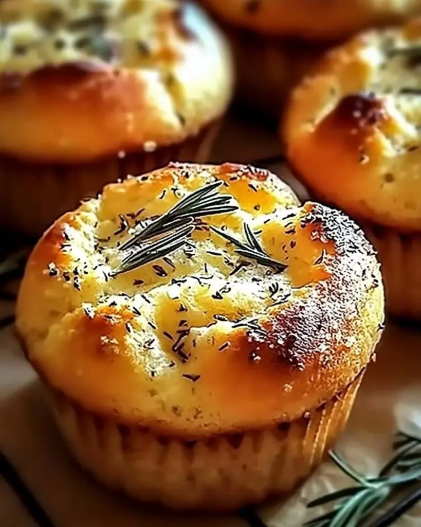 Garlic rosemary focaccia muffins baking in a pan, golden brown and fluffy.